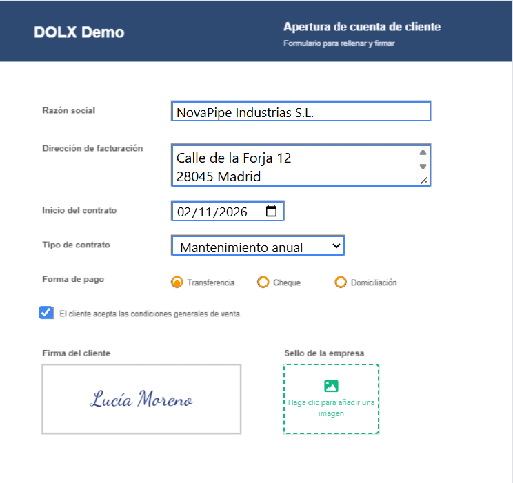 Formulario PDF rellenado y firmado en el editor