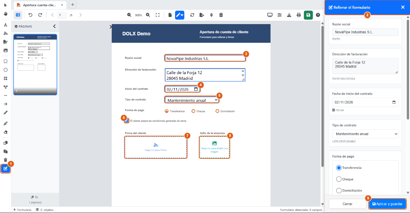 Editor PDF en modo formulario, panel Rellenar el formulario abierto