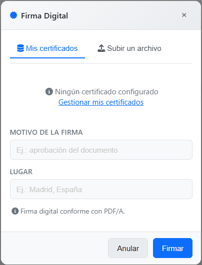 Ventana de firma digital del editor PDF