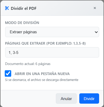 Ventana Dividir el PDF del editor