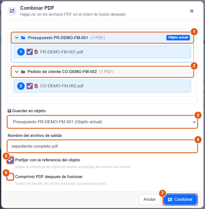 Ventana Combinar PDF abierta desde la bandeja de un presupuesto