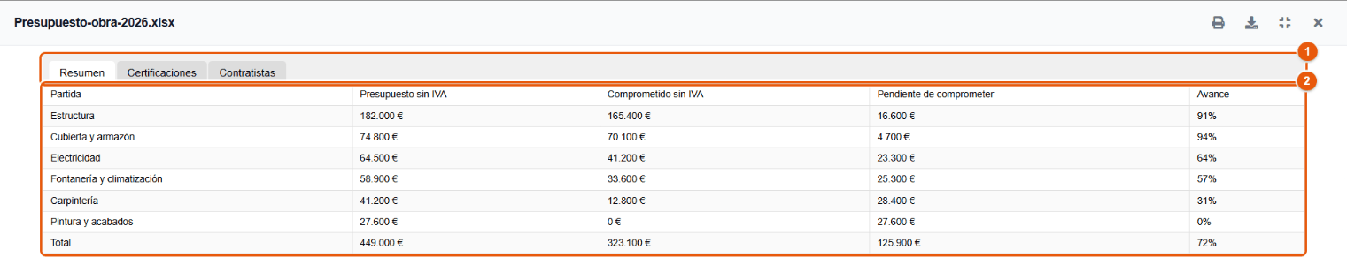 Vista previa de un libro Excel con pestañas de hojas