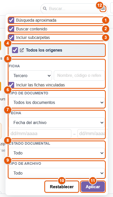Panel de opciones de búsqueda