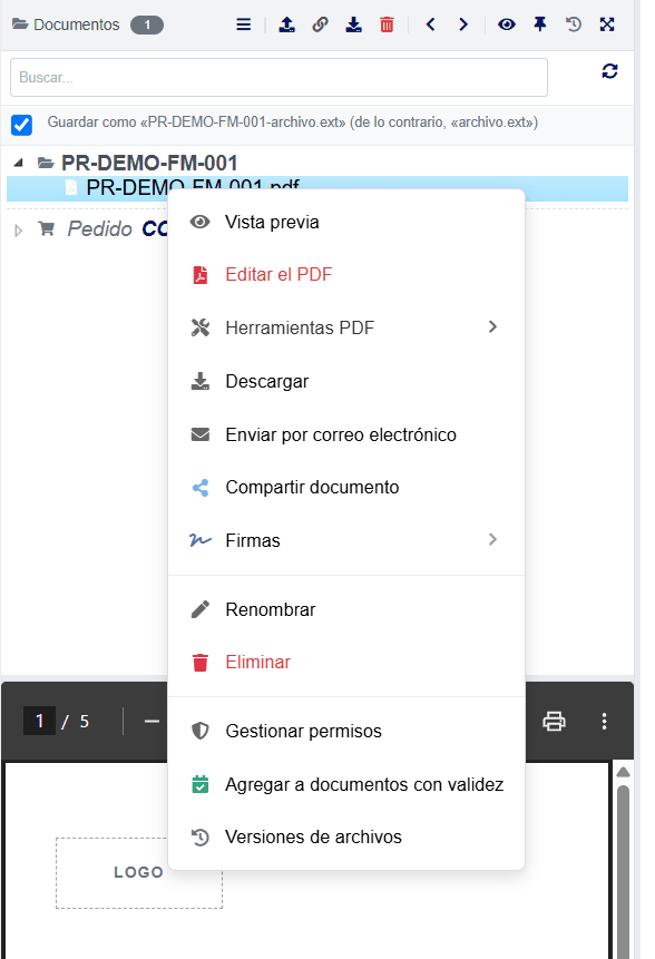 Menú contextual de un PDF en la bandeja