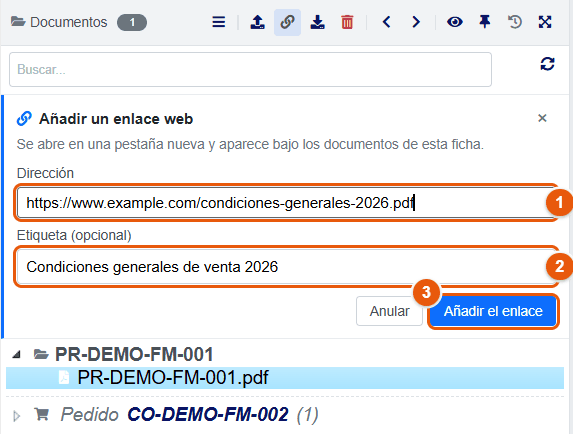 Panel Añadir un enlace web de la bandeja