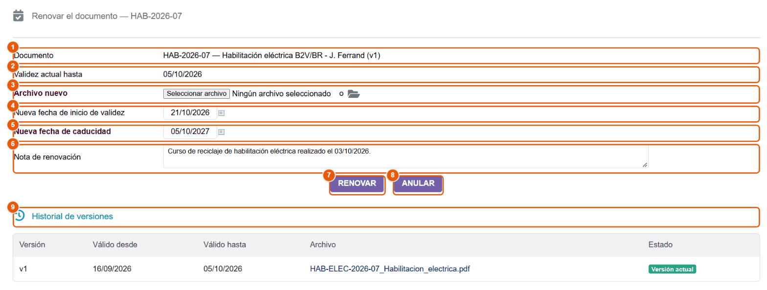 Renovación de un documento con fecha de validez