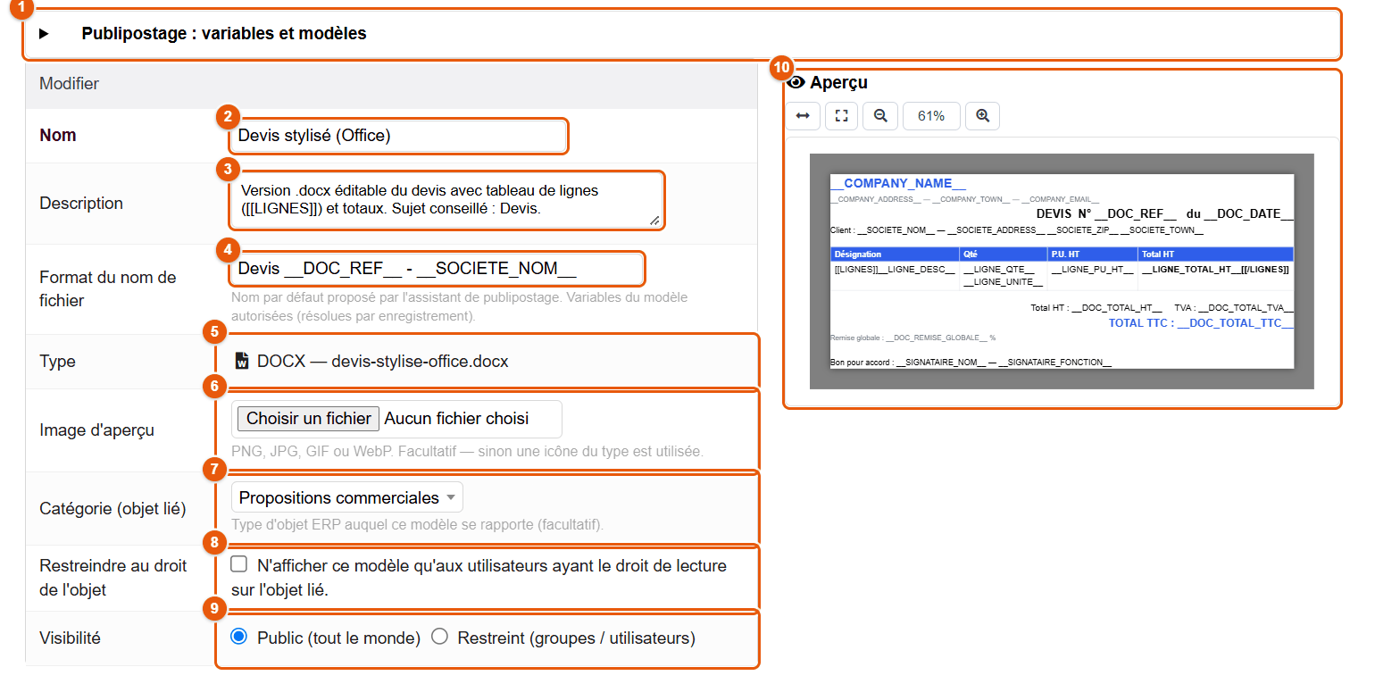 Fiche d'un modèle Word