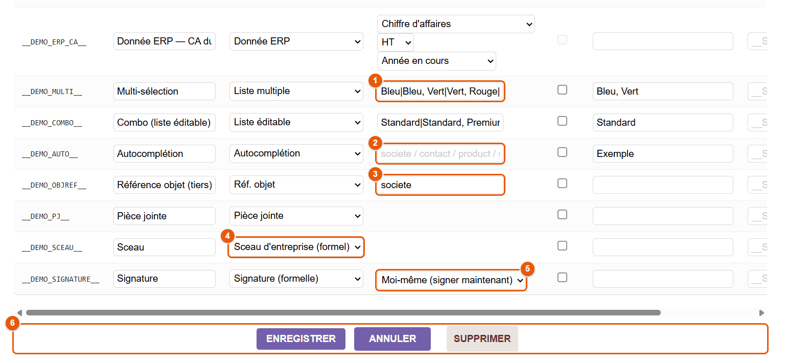 Options des listes, sources, sceau et signature