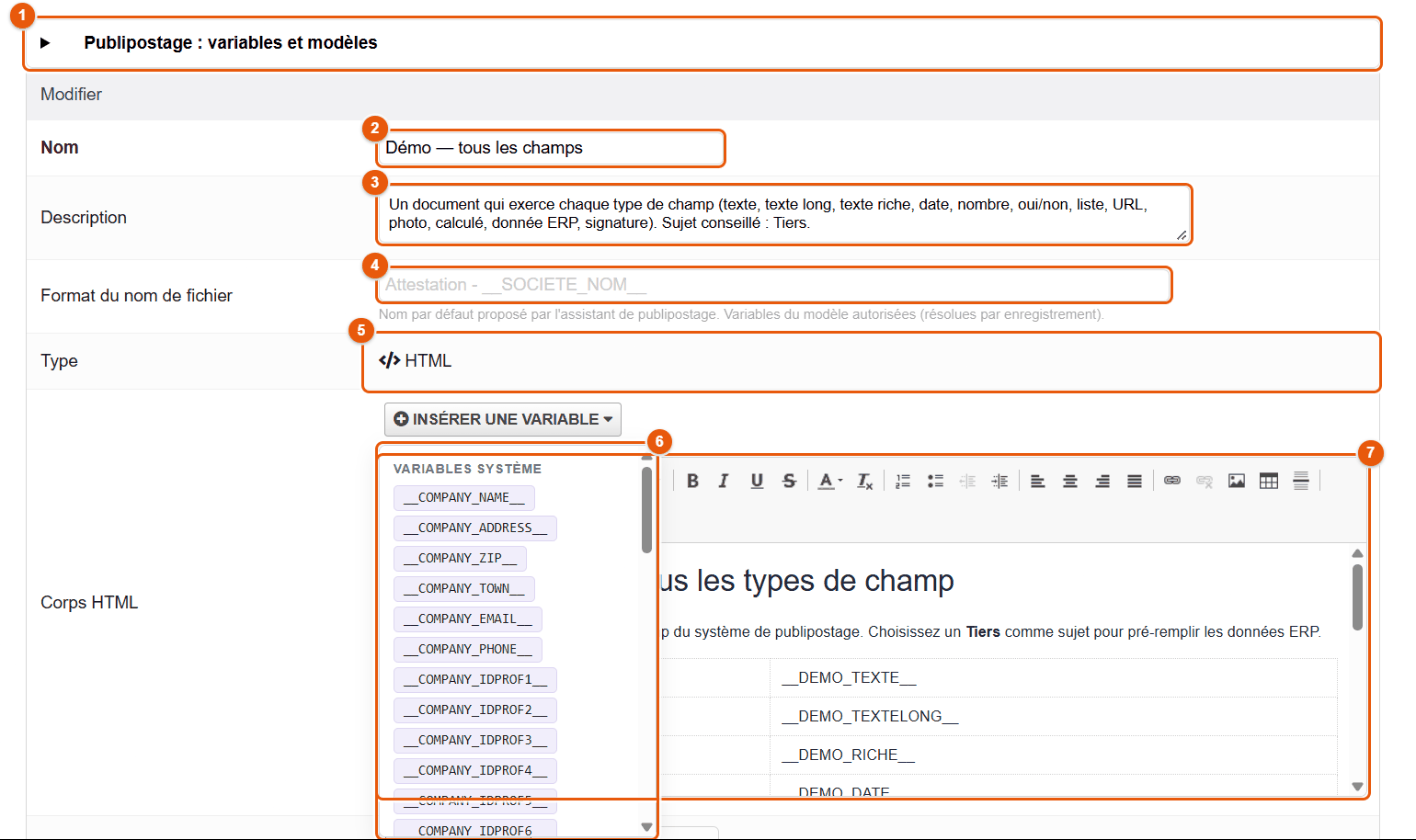 Fiche d'un modèle HTML et sa palette de variables