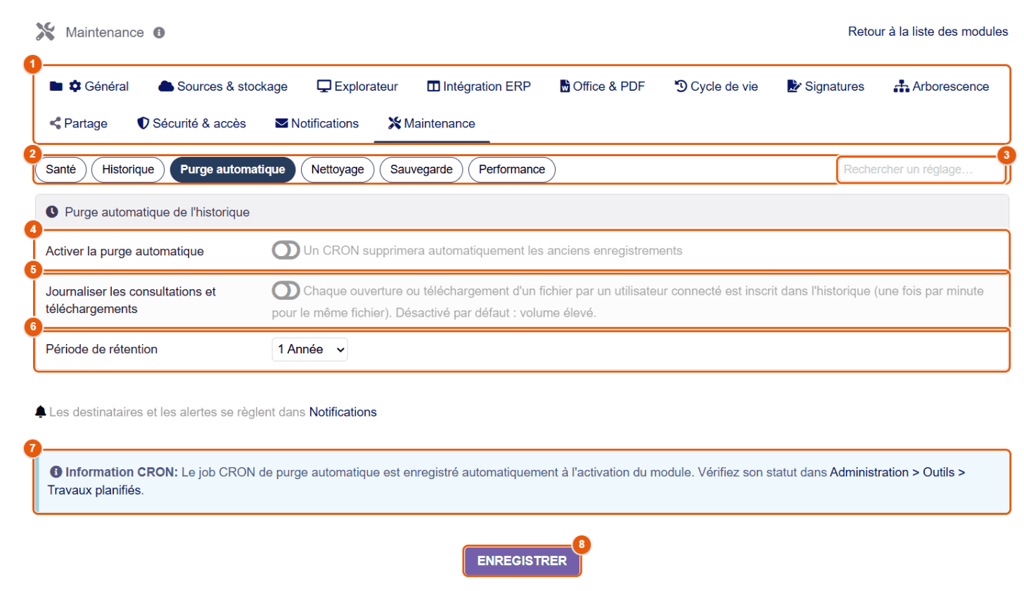 Sous-onglet Purge automatique