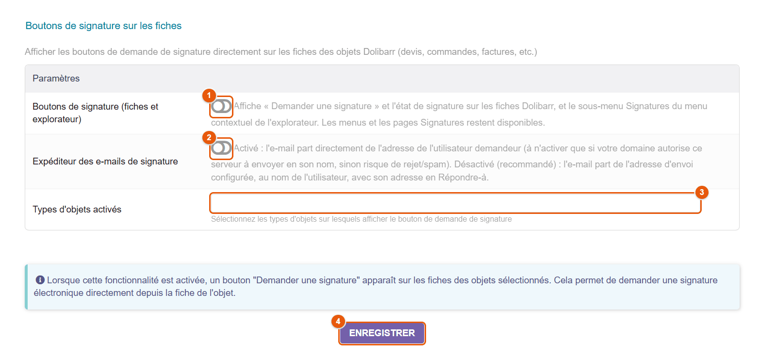 Boutons de signature sur les fiches
