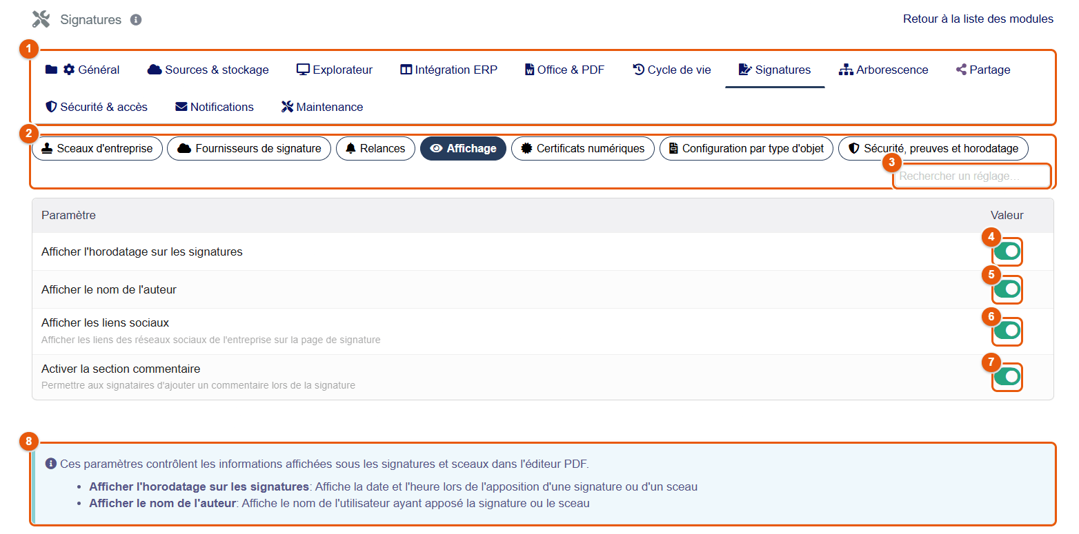 Sous-onglet Affichage des signatures
