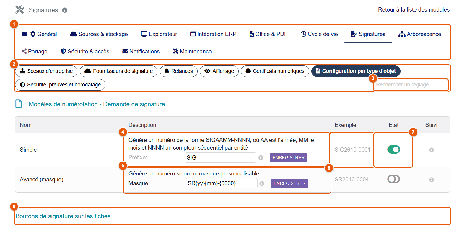 Numérotation des demandes de signature