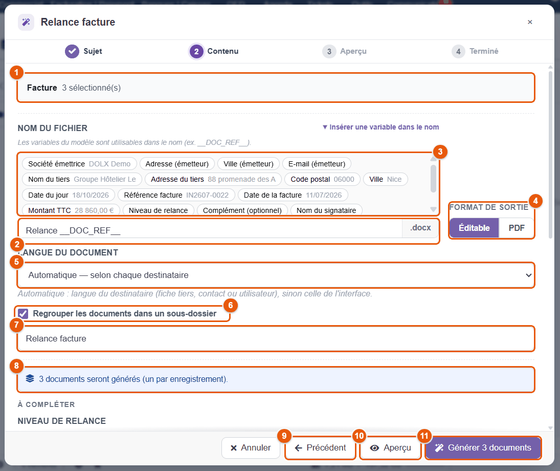 Étape Contenu : nom, format, langue, sous-dossier