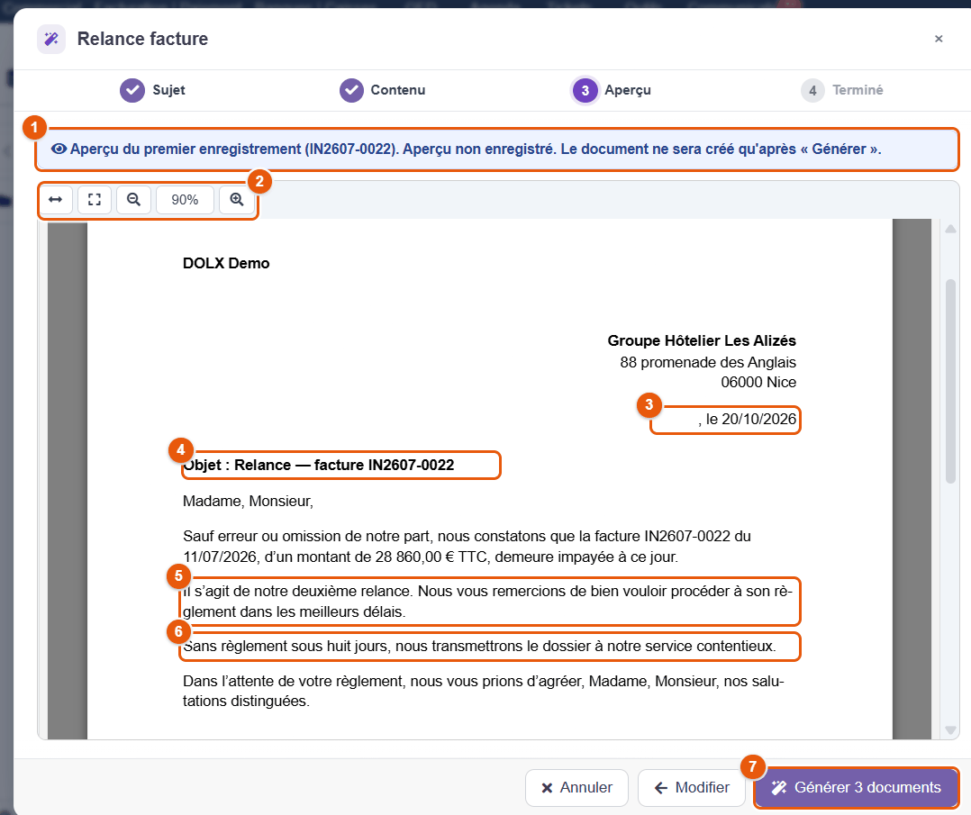 Aperçu du document avant génération