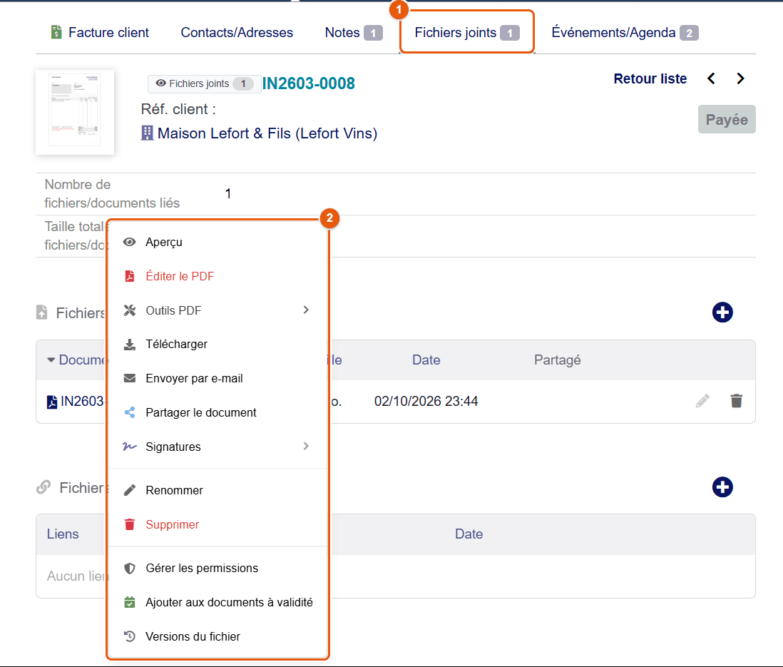 Menu contextuel sur le tableau des fichiers joints d'une facture