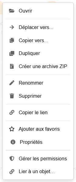 Menu contextuel d'un dossier
