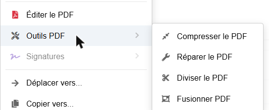 Sous-menu Outils PDF