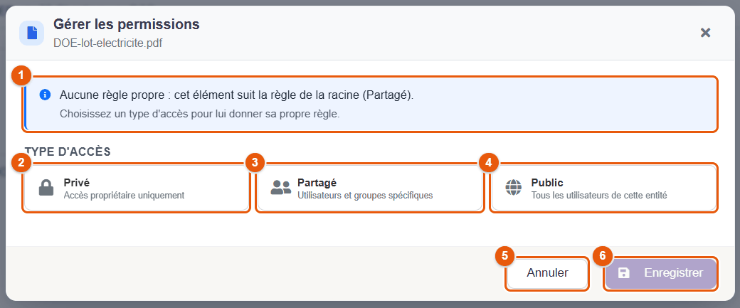 Fenêtre Gérer les permissions, élément sans règle propre
