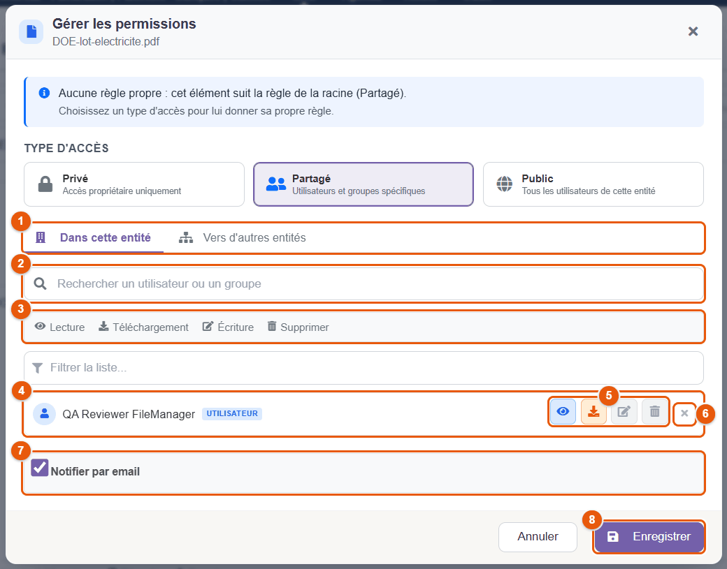 Fenêtre Gérer les permissions, accès partagé