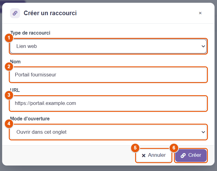 Fenêtre Créer un raccourci