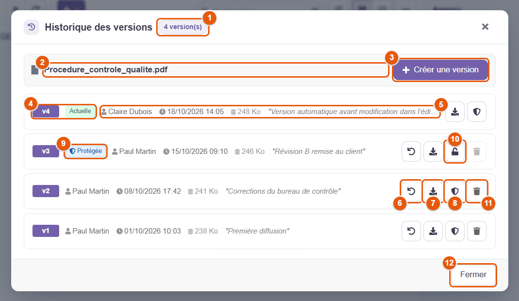 Fenêtre Historique des versions