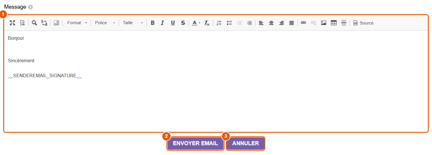 Formulaire d'envoi d'e-mail, message