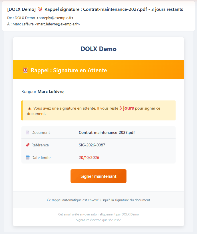 E-mail de rappel de signature