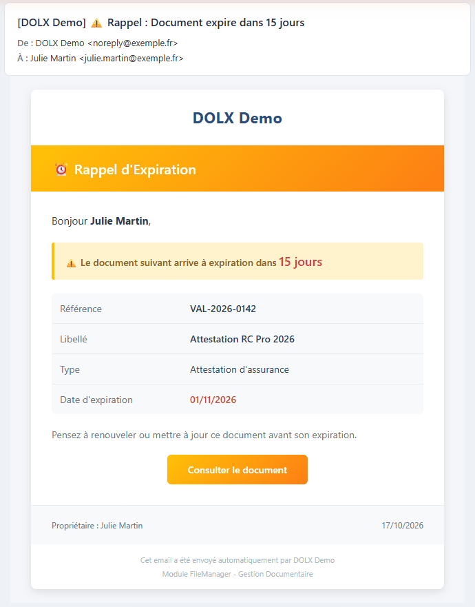 E-mail de rappel avant expiration d'un document