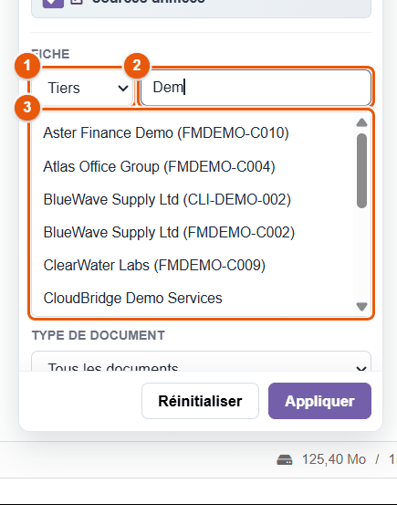 Choix d'une fiche dans le filtre Fiche