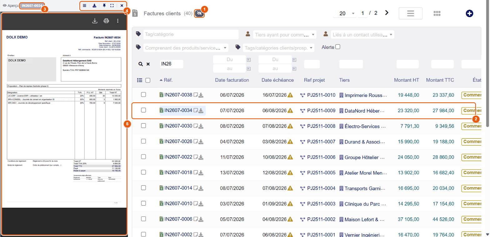 Visionneuse automatique sur la liste des factures