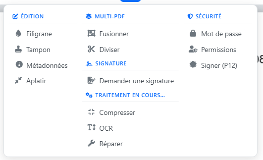 Menu Outils avancés de l'éditeur PDF