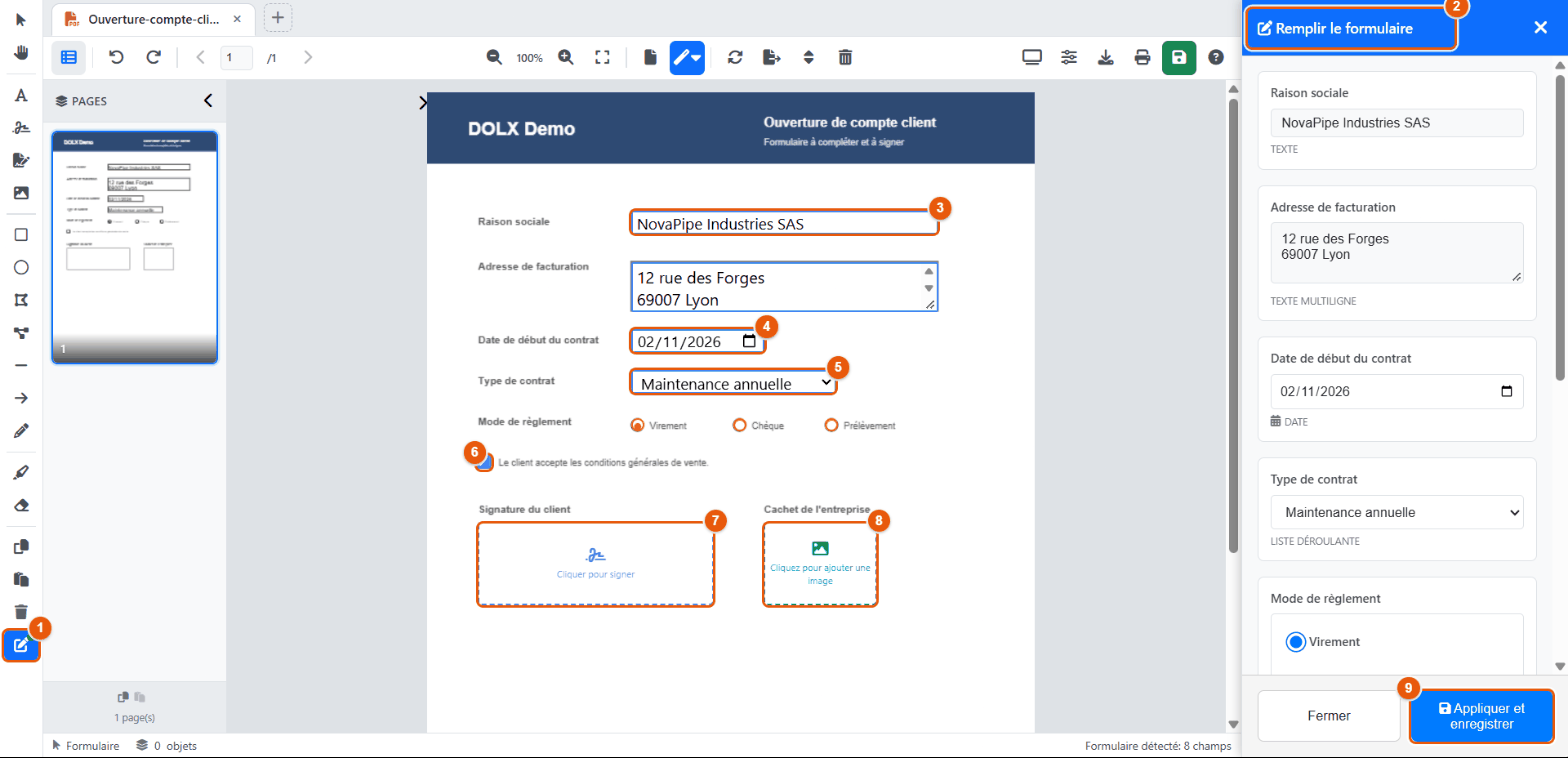 Éditeur PDF en mode formulaire, panneau Remplir le formulaire ouvert