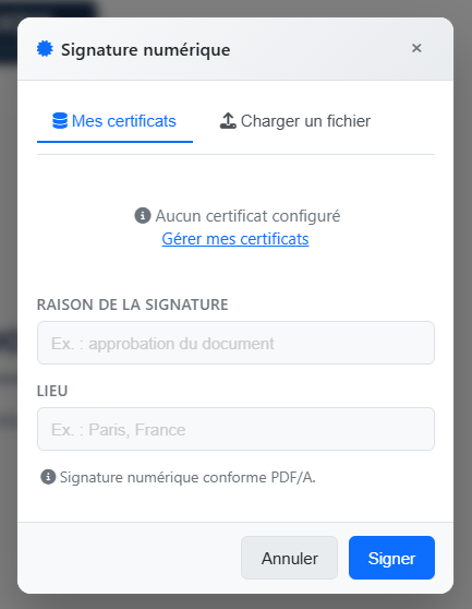 Fenêtre Signature numérique de l'éditeur PDF