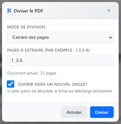 Fenêtre Diviser le PDF de l'éditeur