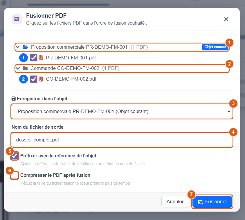 Fenêtre Fusionner PDF ouverte depuis la banette d'un devis