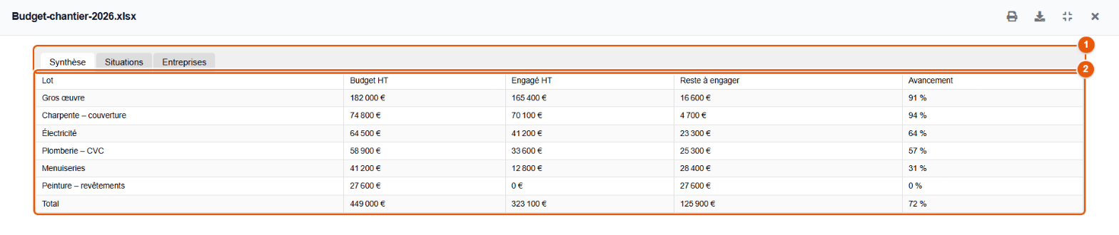 Aperçu d'un classeur Excel avec onglets de feuilles