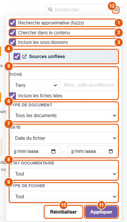 Panneau des options de recherche