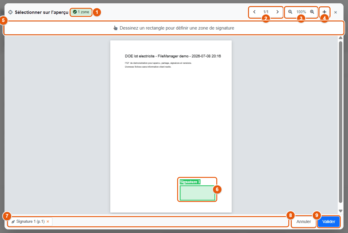 Sélection de la zone de signature sur l'aperçu