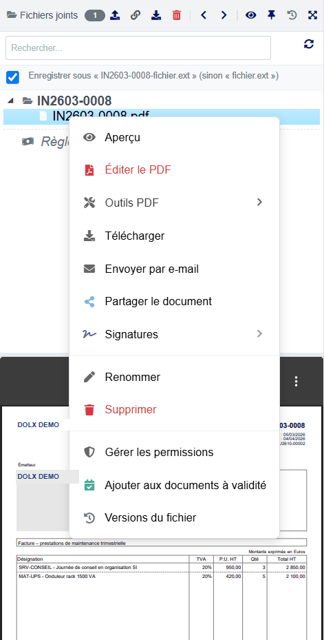 Menu contextuel d'un PDF dans la banette