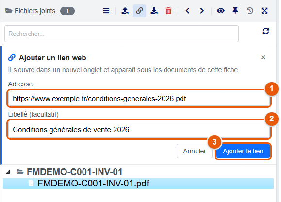Panneau Ajouter un lien web de la banette