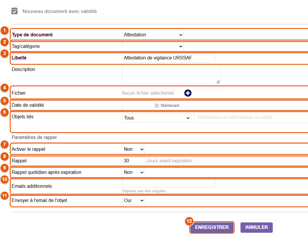 Formulaire Nouveau document avec validité
