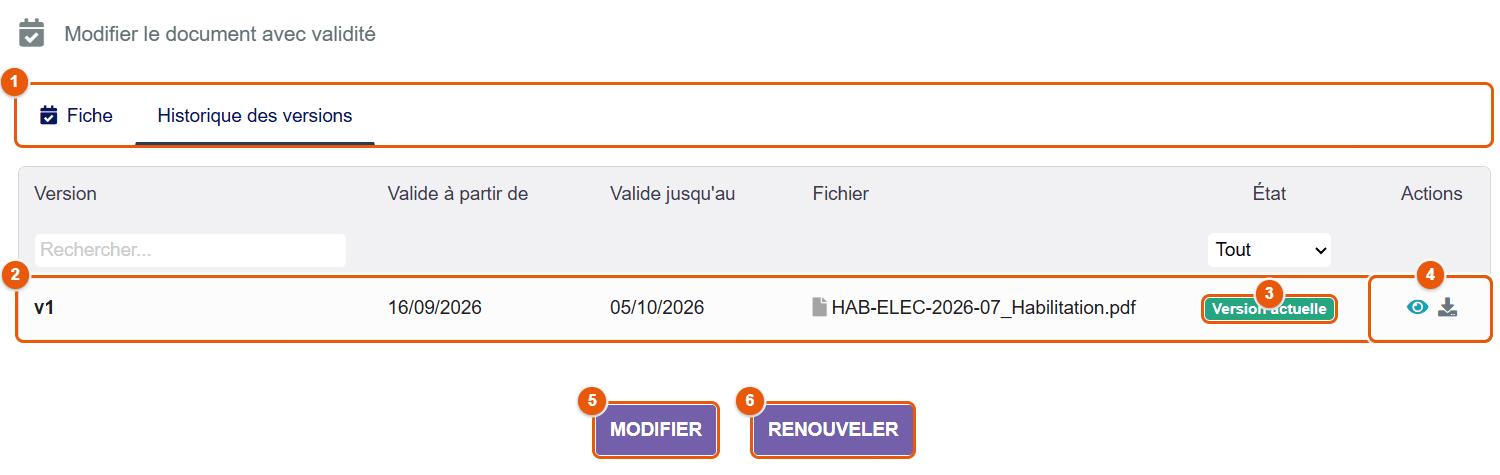 Historique des versions d'un document à validité